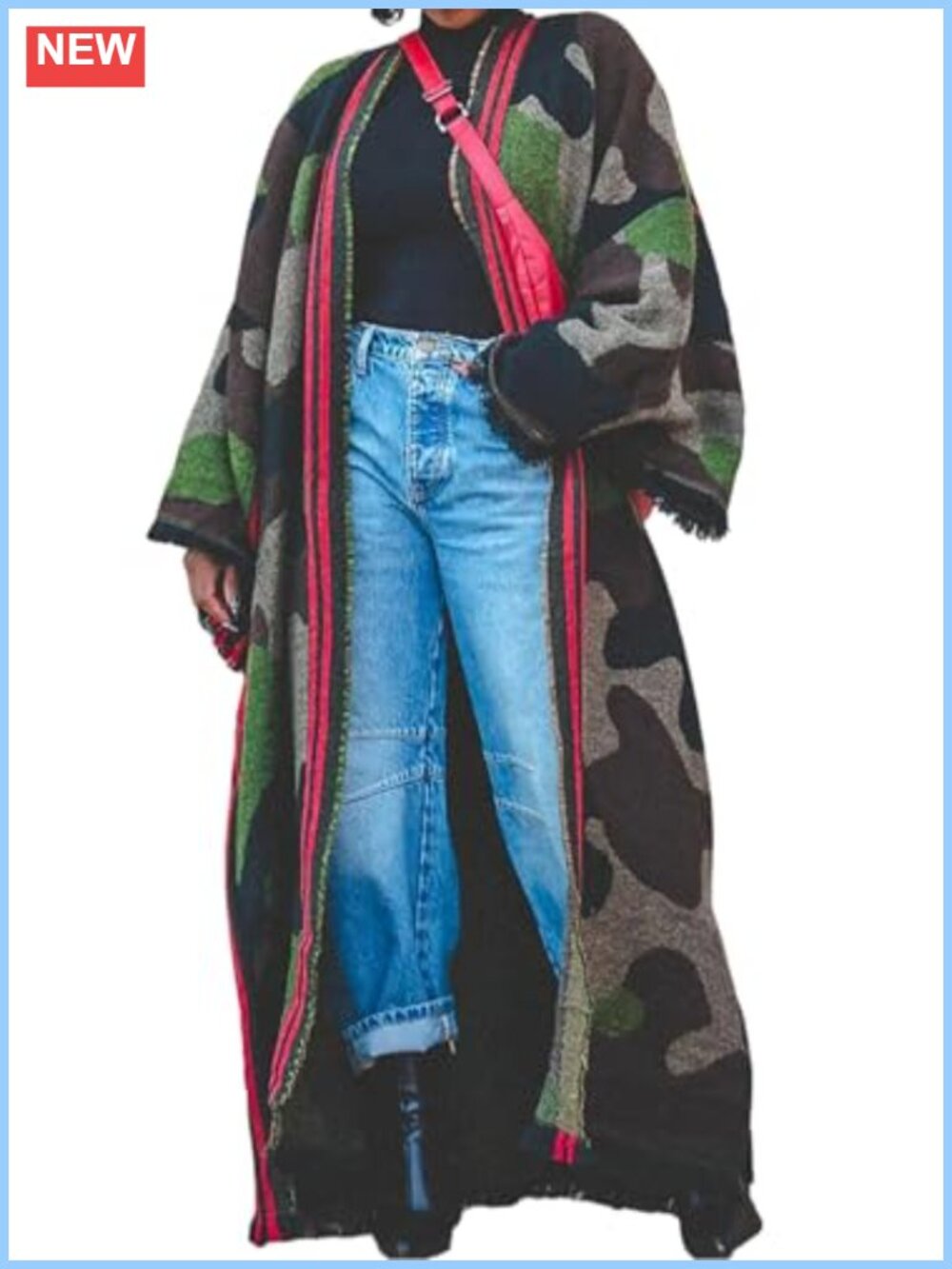 Oversized Camo Long Cardigan Duster Sweater Open Front Fringed Hem